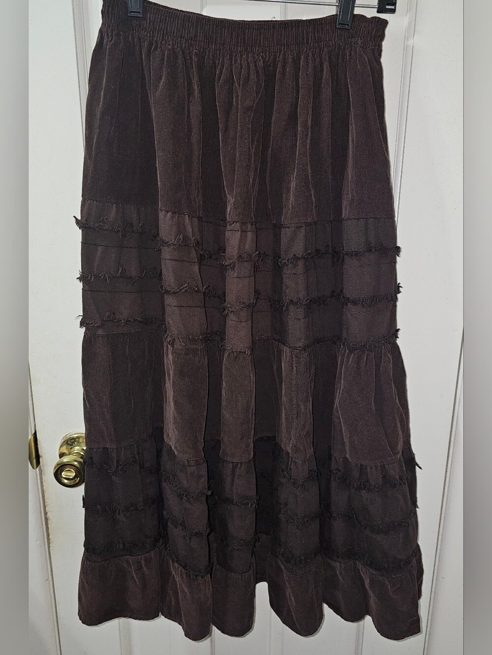 Brown Corduroy Tiered Ruffled Maxi Skirt